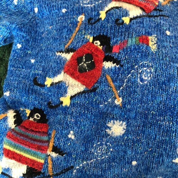 Embroidered Skiing Penguins & Snowflakes Holiday Wool Sweater - Picture 4 of 14